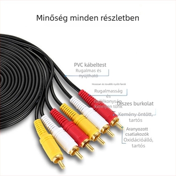 Hatfejű Lotus AV-kábel, 3–3 audió-videó kábel aranyozott csatlakozókkal, rézbevonattal acélmag, PVC burkolat, kompatibilis Set-top box és DVD-vel