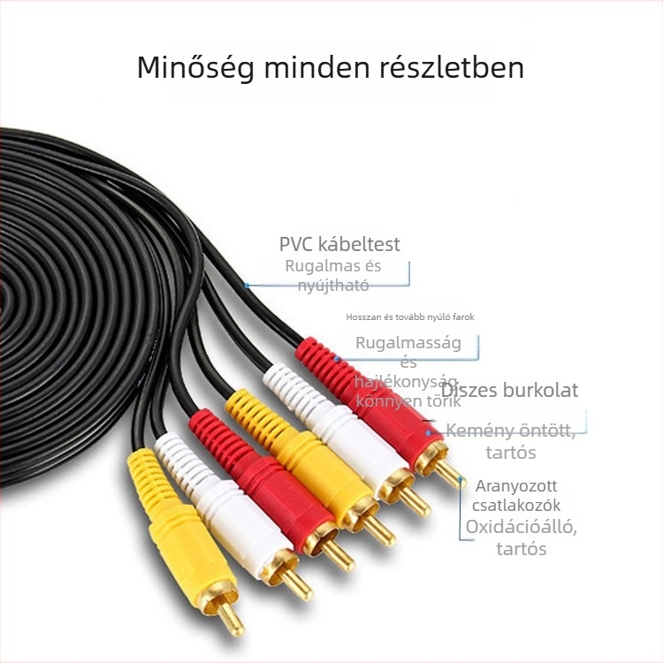 Hatfejű Lotus AV-kábel, 3–3 audió-videó kábel aranyozott csatlakozókkal, rézbevonattal acélmag, PVC burkolat, kompatibilis Set-top box és DVD-vel