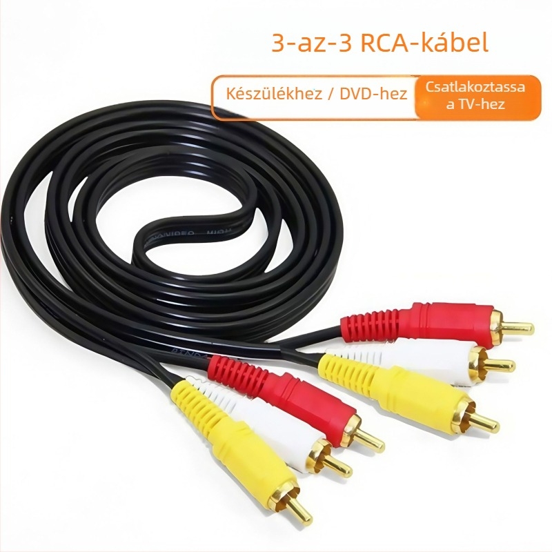 Hatfejű Lotus AV-kábel, 3–3 audió-videó kábel aranyozott csatlakozókkal, rézbevonattal acélmag, PVC burkolat, kompatibilis Set-top box és DVD-vel