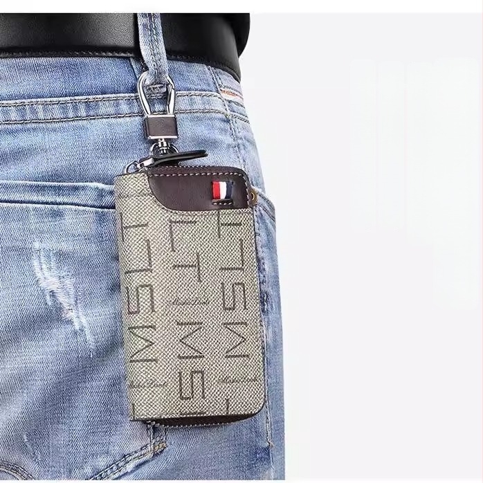 Prémium férfi PU kulcstáska nagy kapacitással, derékpánt, többfunkciós kártyatartó cipzárral, RFID védelem, vízálló, bélés poliészter
