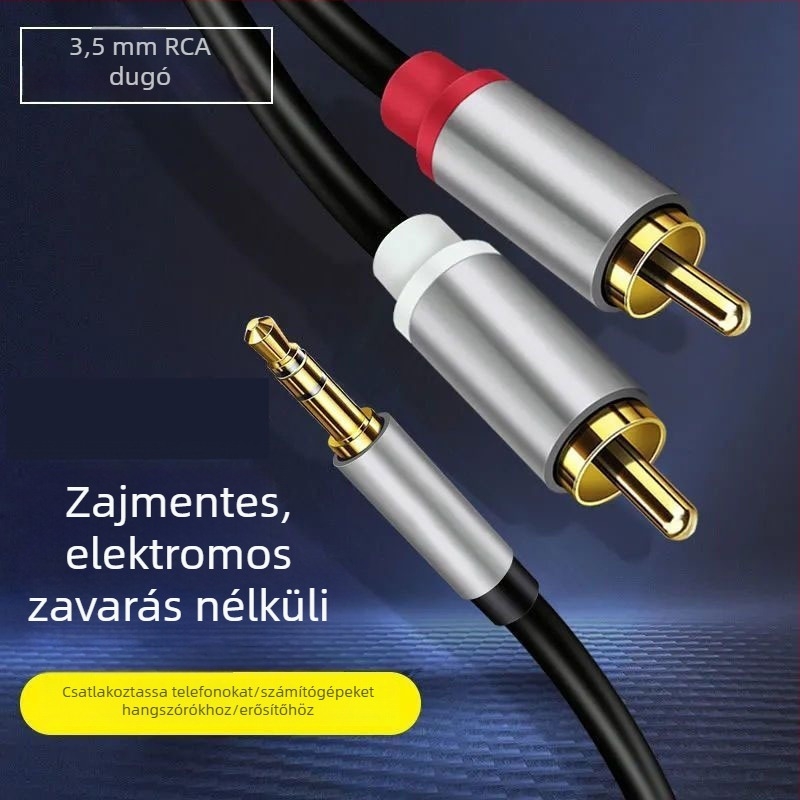 3,5 mm-es audio kábel 1–2 splitterrel, kettős RCA konnektorral – számítógéphez és mobilhoz, tömeg 100 g