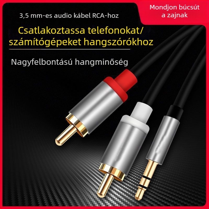3,5 mm-es audio kábel 1–2 splitterrel, kettős RCA konnektorral – számítógéphez és mobilhoz, tömeg 100 g