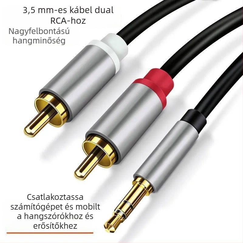 3,5 mm-es audio kábel 1–2 splitterrel, kettős RCA konnektorral – számítógéphez és mobilhoz, tömeg 100 g