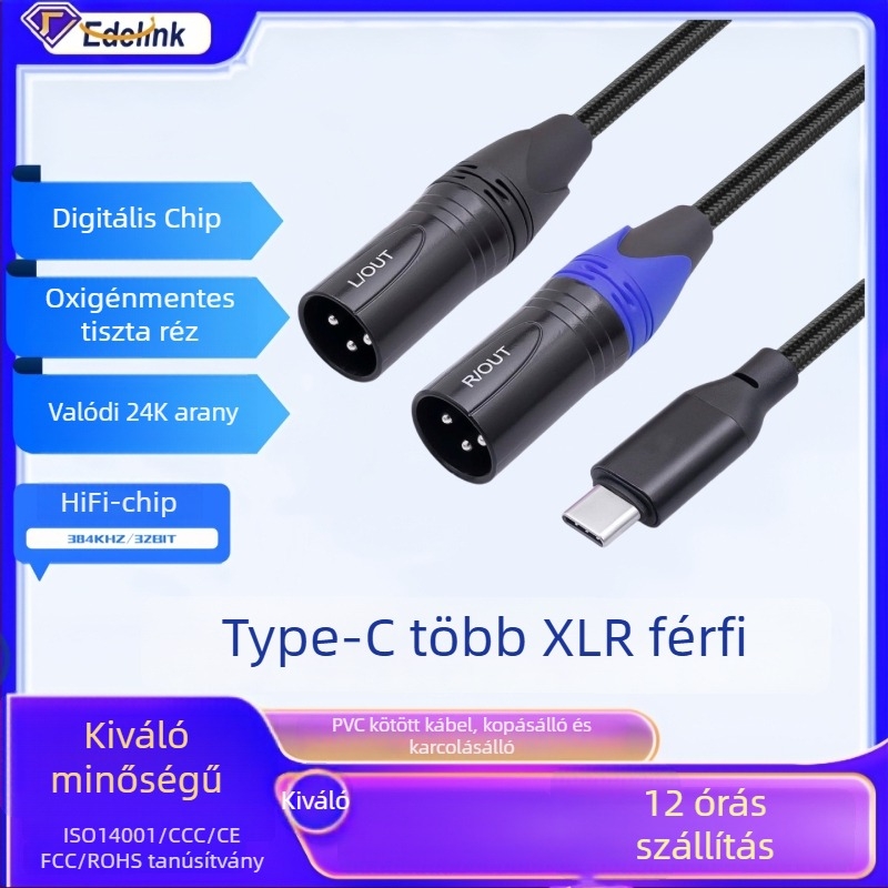 Type-C-hoz kettős XLR férfi Y-alakú kiegyensúlyozott audiokábel - bal és jobb csatornák, OFC rézvezető, aranyozott csatlakozók, HIFI chip 384kHz/32bit