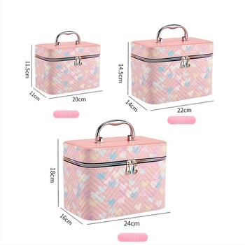 Sminktáska PU bőrből, csíkos mintával, tükrövel, vízálló, nagy kapacitású