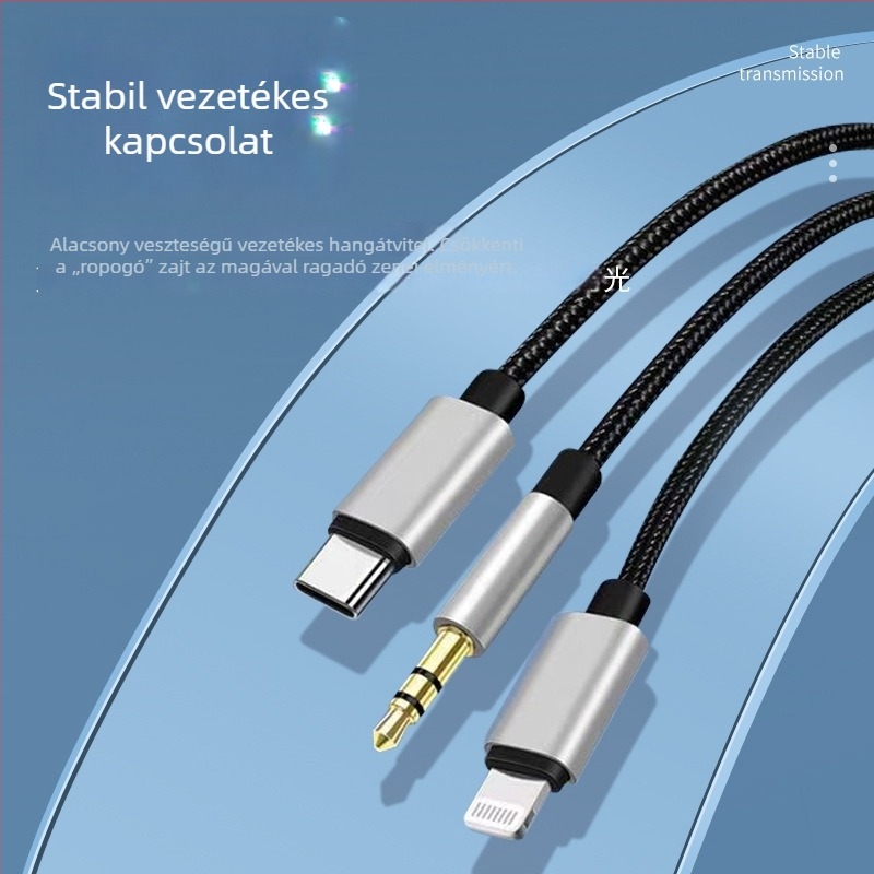 3 az 1-ben Type-C audio kábel, adapter 3,5 mm–6,35 mm, aranyozott, rézmag, oxigénmentes réz, 40 g