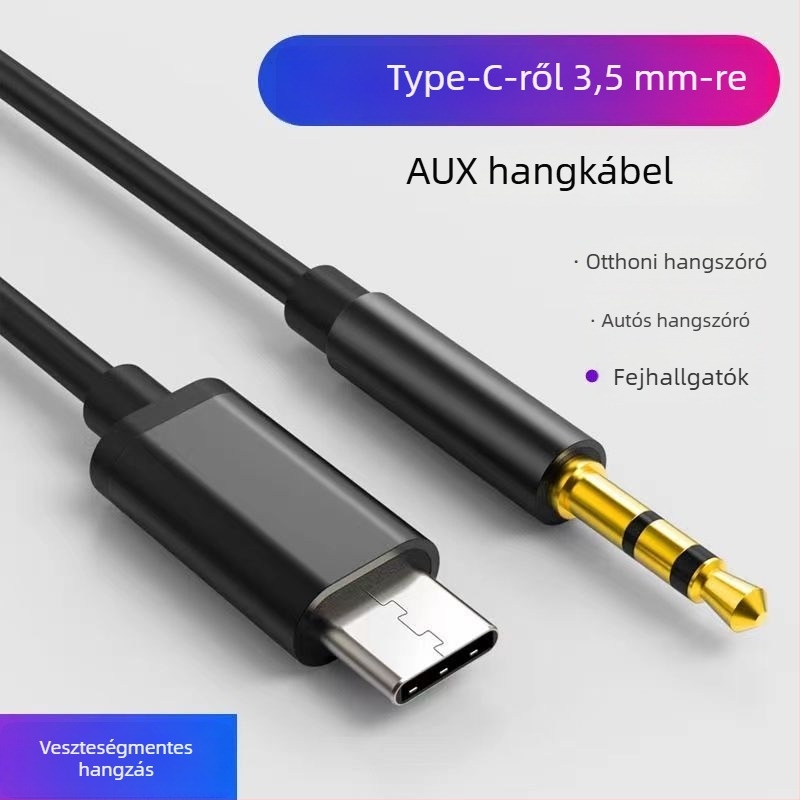 AUX audió kábel Type-C-hoz 3.5 mm-re autórendszerhez – nikkelezett bevonat, oxigénmentes réz, UL tanúsítvány