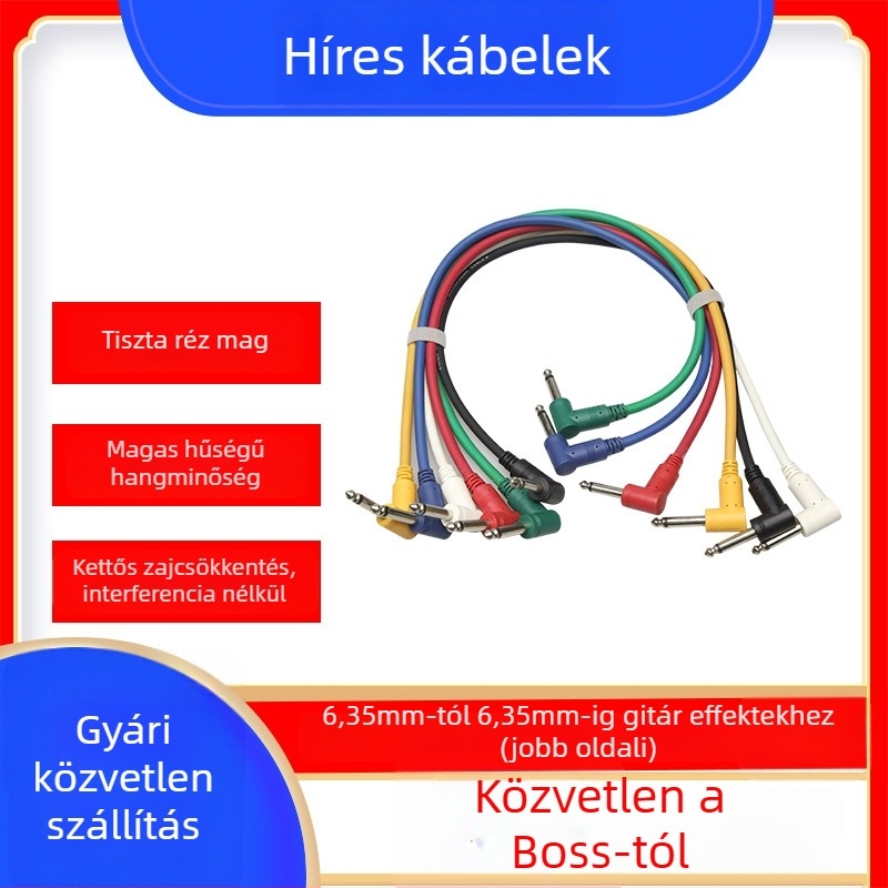 Gitárhoz tervezett hangszeres kábel, 90°-os csatlakozóval, tiszta réz mag, oxigénmentes réz vezető, nikkelezett csatlakozók, modell 07-01