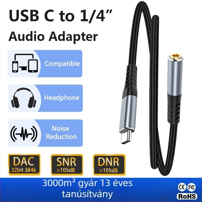 Type-C 3,5 mm női audió hosszabbító kábel, nikkelezett csatlakozók, tiszta rézmag, oxigénmentes réz vezető, RoHS tanúsított, Modell Ntpc