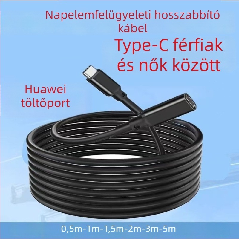 Napelemes megfigyeléshez tervezett Type-C férfi–női hosszabbító kábel, 1 m/3 m/5 m/10 m, tápellátó kábel