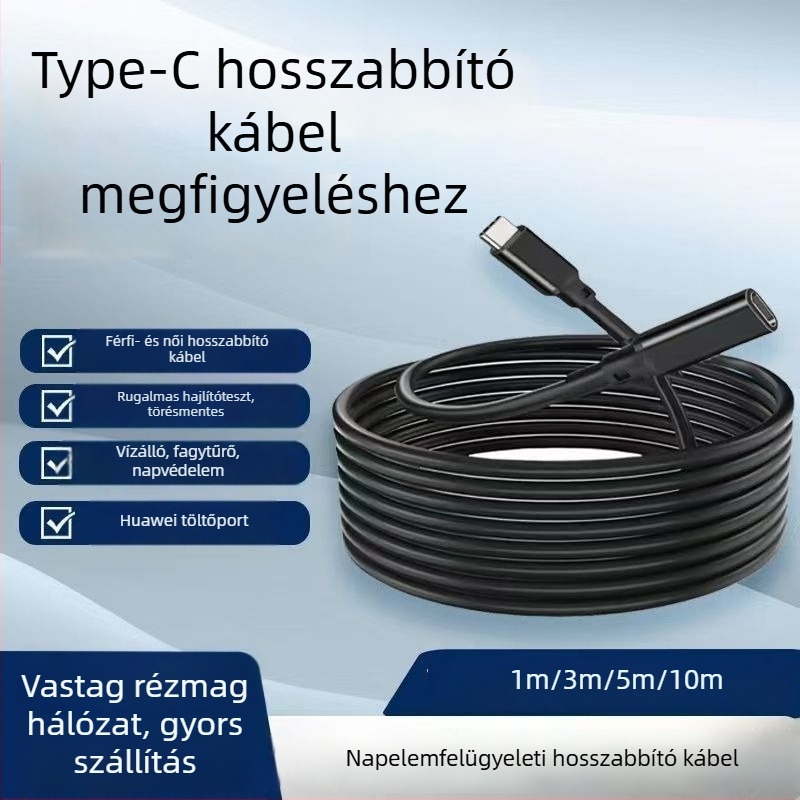 Napelemes megfigyeléshez tervezett Type-C férfi–női hosszabbító kábel, 1 m/3 m/5 m/10 m, tápellátó kábel