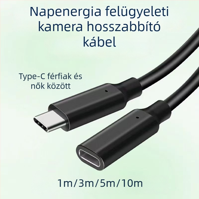 Napelemes megfigyeléshez tervezett Type-C férfi–női hosszabbító kábel, 1 m/3 m/5 m/10 m, tápellátó kábel