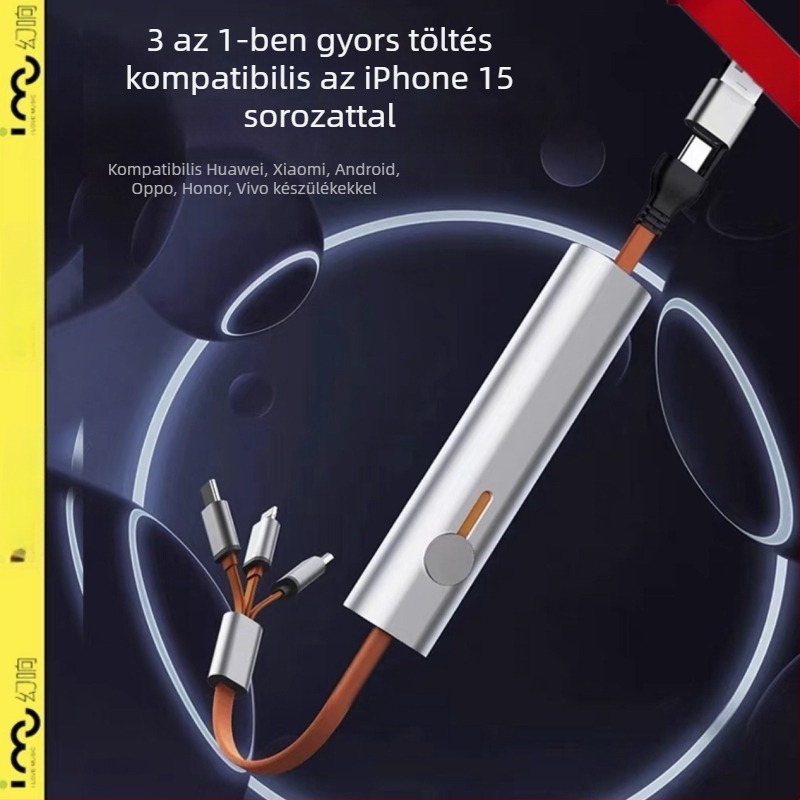 Fém három az egyben adatkábel gyors töltéssel Apple, Huawei és Android készülékekhez