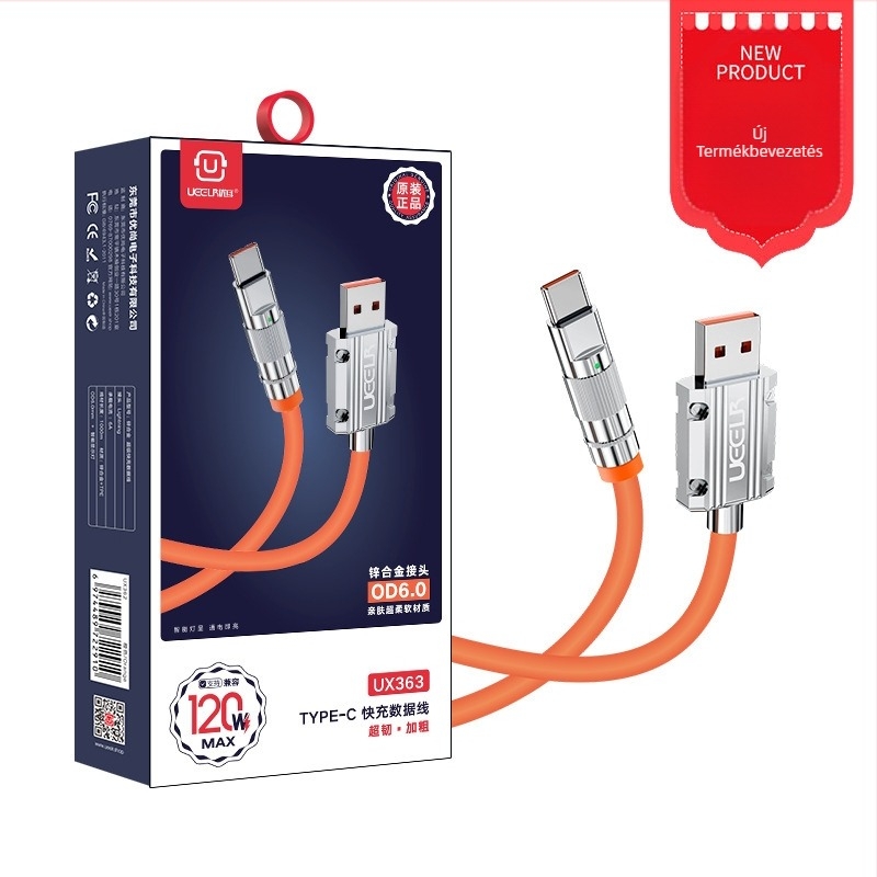 Mobiltelefon adatkábbel kettős interfésszel Lightning és USB-C, 120W gyorstöltés, szilikon, modell UX362/UX363, Youer
