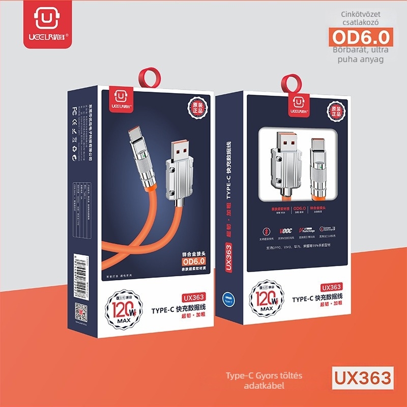 Mobiltelefon adatkábbel kettős interfésszel Lightning és USB-C, 120W gyorstöltés, szilikon, modell UX362/UX363, Youer