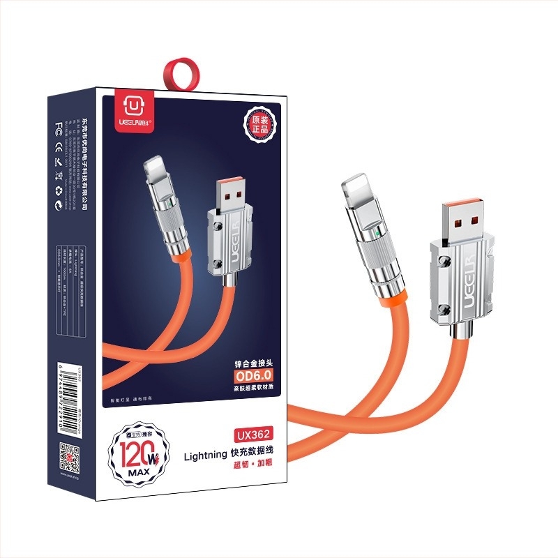 Mobiltelefon adatkábbel kettős interfésszel Lightning és USB-C, 120W gyorstöltés, szilikon, modell UX362/UX363, Youer