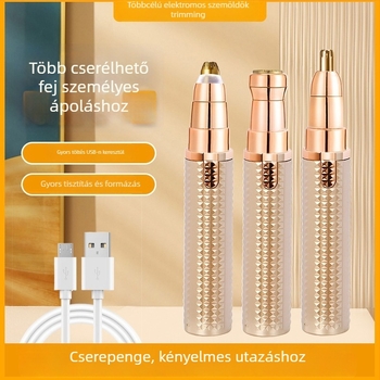 Elektromos többfunkciós szőrtrimmel szemöldökhöz, orrlyukakhoz és testhez; ABS ház; USB-tápellátás; levehető vágófej a könnyű tisztításért; súlya 64 g.