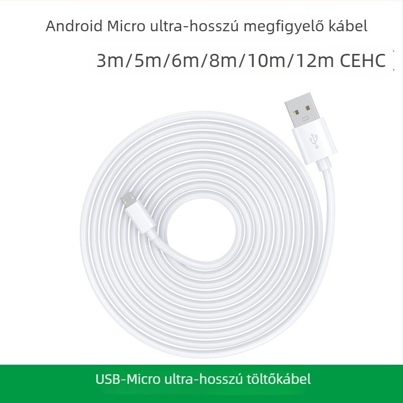Környezetbarát tiszta réz Micro USB hosszú töltőkábel Androidhoz, kibővített kábel kameramonitorozáshoz, tápellátó kábel