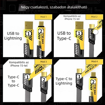 USB-C és Lightning adat- és töltőkábel, fonott borítással, PD gyors töltés, 1 m hosszú, kettős kimenet