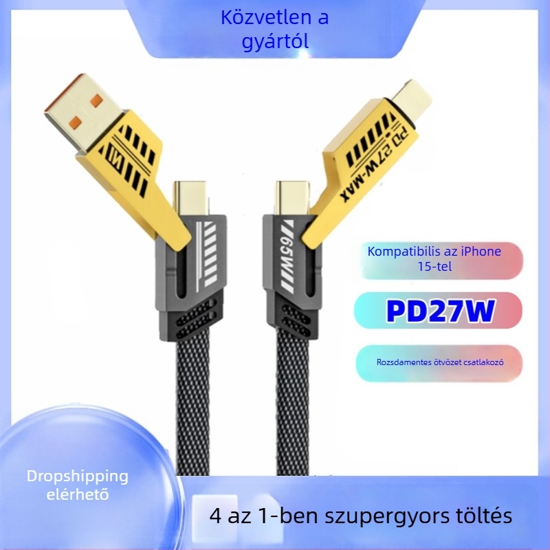 USB-C és Lightning adat- és töltőkábel, fonott borítással, PD gyors töltés, 1 m hosszú, kettős kimenet