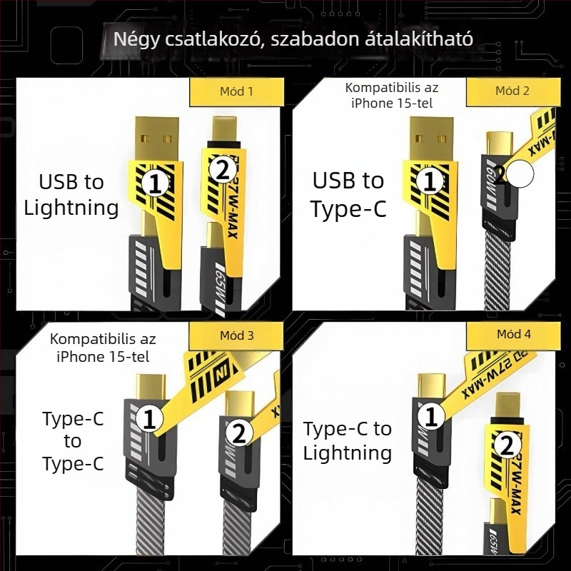 USB-C és Lightning adat- és töltőkábel, fonott borítással, PD gyors töltés, 1 m hosszú, kettős kimenet