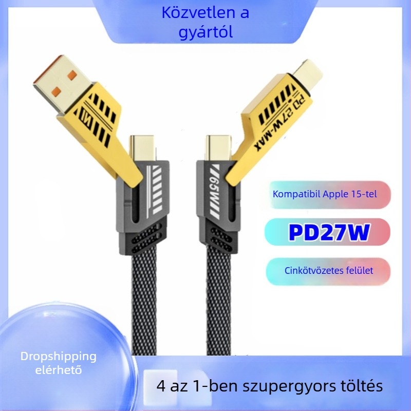 USB-C és Lightning adat- és töltőkábel, fonott borítással, PD gyors töltés, 1 m hosszú, kettős kimenet
