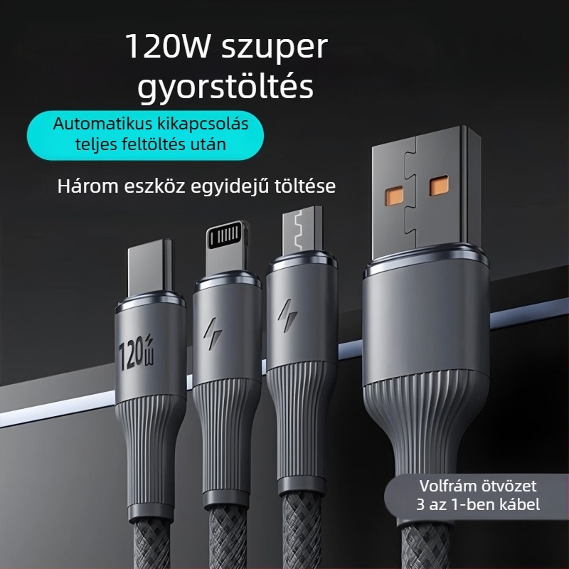 3-in-1 120W gyors töltésű wolfrám rostos telefonkábel Apple, Type-C és Android készülékekhez