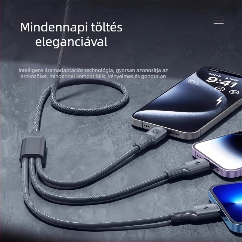 3-in-1 120W gyors töltésű wolfrám rostos telefonkábel Apple, Type-C és Android készülékekhez