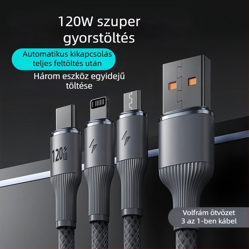 3-in-1 120W gyors töltésű wolfrám rostos telefonkábel Apple, Type-C és Android készülékekhez
