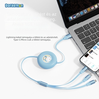 Doraemon 3 az 1-ben visszahúzható töltőkábel Lightning, Micro USB és USB-C csatlakozókkal, szilikonból.