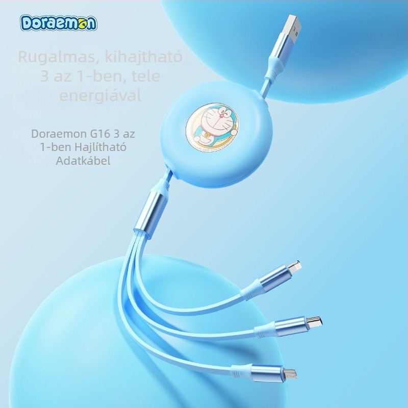 Doraemon 3 az 1-ben visszahúzható töltőkábel Lightning, Micro USB és USB-C csatlakozókkal, szilikonból.