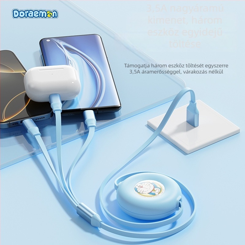 Doraemon 3 az 1-ben visszahúzható töltőkábel Lightning, Micro USB és USB-C csatlakozókkal, szilikonból.
