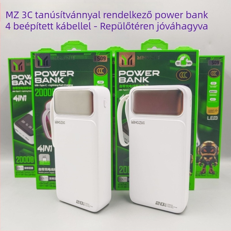 Külső power bank 20000 mAh, beépített kábel, digitális kijelző, 12W töltés, több USB kimenet