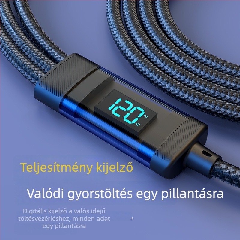 Okos digitális kijelzős töltőkábel, 1–3, 3 az 1-ben, három csatlakozóval: Lightning, Micro USB és USB-C; kompatibil Huawei, Apple, Vivo, Honor készülékekkel; 120W gyors töltés.
