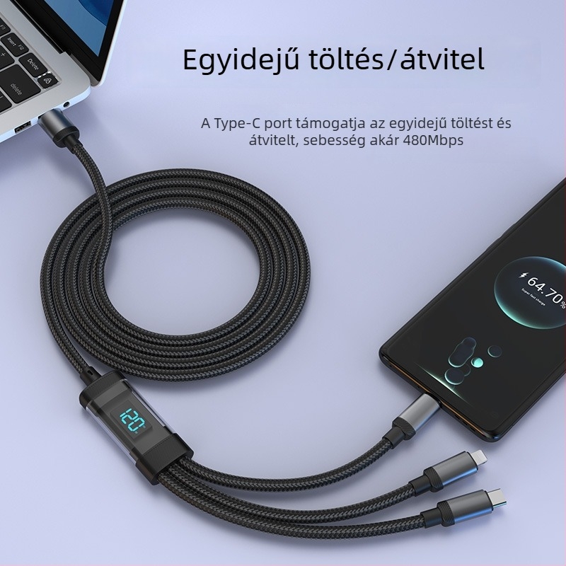 Okos digitális kijelzős töltőkábel, 1–3, 3 az 1-ben, három csatlakozóval: Lightning, Micro USB és USB-C; kompatibil Huawei, Apple, Vivo, Honor készülékekkel; 120W gyors töltés.