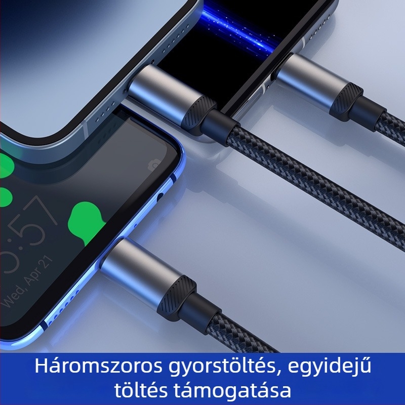 Okos digitális kijelzős töltőkábel, 1–3, 3 az 1-ben, három csatlakozóval: Lightning, Micro USB és USB-C; kompatibil Huawei, Apple, Vivo, Honor készülékekkel; 120W gyors töltés.