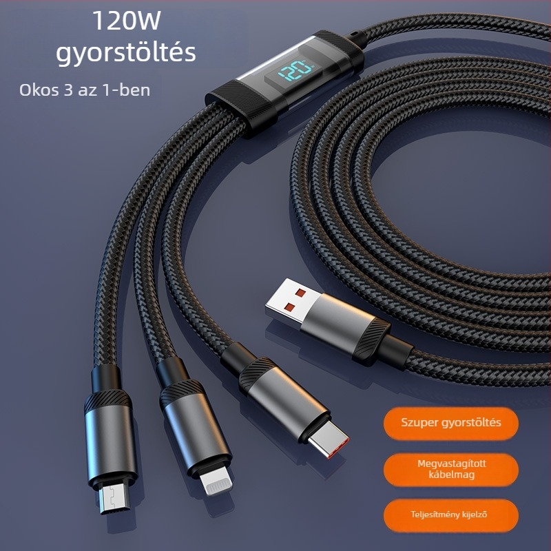 Okos digitális kijelzős töltőkábel, 1–3, 3 az 1-ben, három csatlakozóval: Lightning, Micro USB és USB-C; kompatibil Huawei, Apple, Vivo, Honor készülékekkel; 120W gyors töltés.