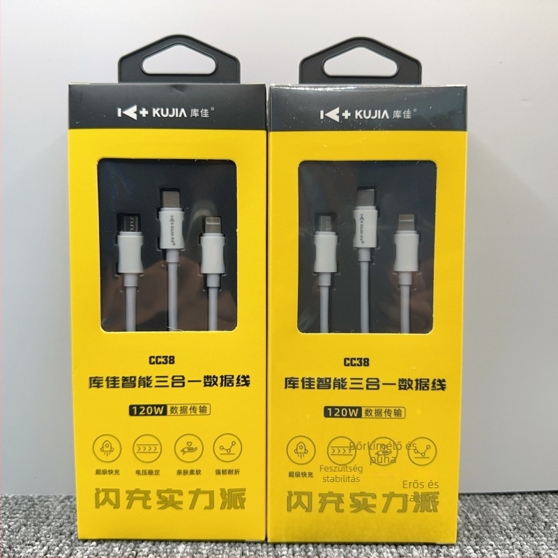 Kujia CC38 három az egyben gyors töltés kábelle Lightning, Micro USB és USB-C csatlakozókkal, max. 120W, TPE anyag, 3C bizonyítvány 2022200907000456