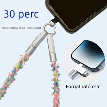 Influencer-stílusú: hordozható dupla USB-C 60W gyors töltésű telefonhurok nyakpánttal és adatkábel