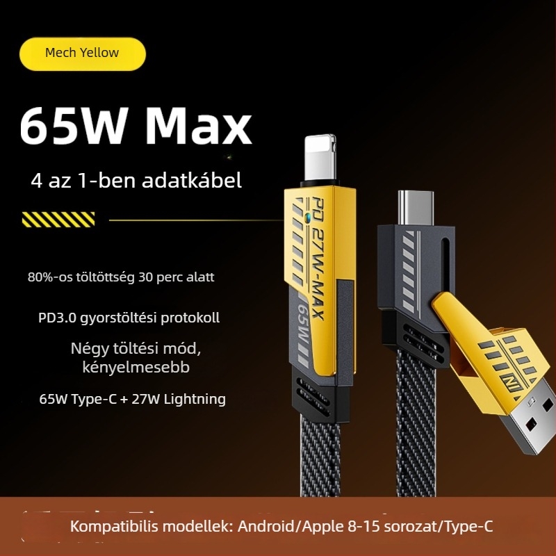 PD 4 az 1-ben páncélozott kábel, hossza 1–2 m, 65W gyors töltés, Lightning és Type-C, Huawei, Apple, Honor és Xiaomi számára