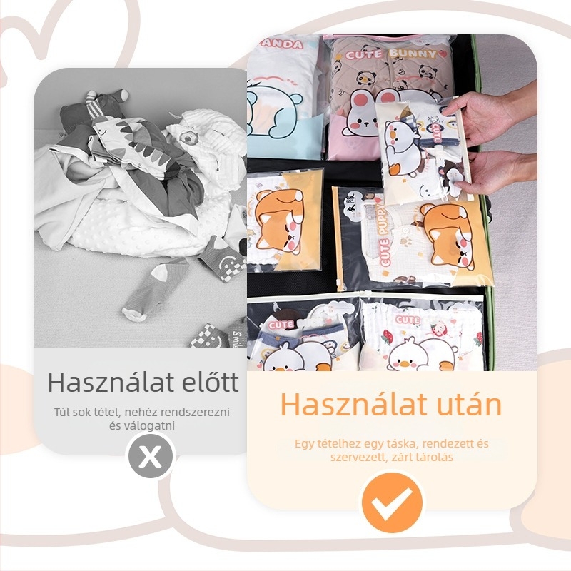 Hordozható vízálló lezárt tároló tasak gyerekruhákhoz – utazási szervező
