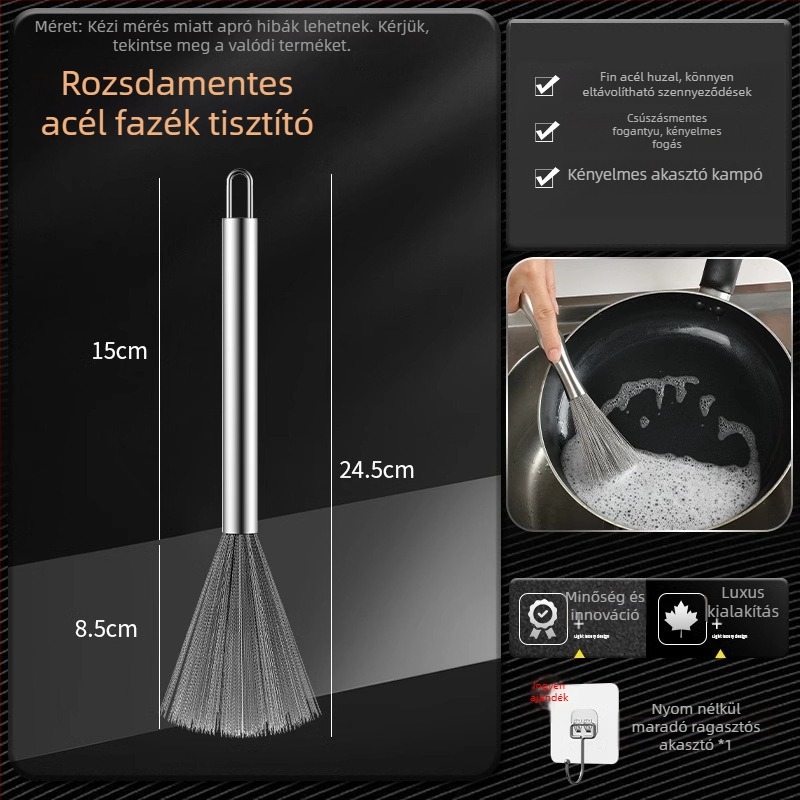 Hosszú nyelű fazékecset 304 rozsdamentes acélból, acélgolyós tisztítófej a konyhai tisztításhoz