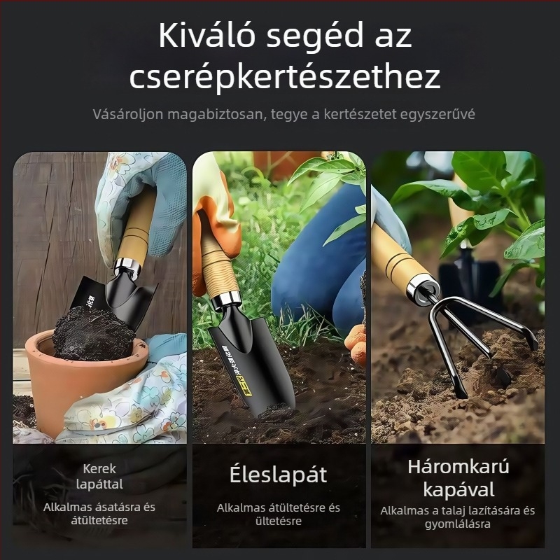 Qiling Rozsdamentes acélból készült háromrészes kerti lapátkészlet ültetéshez és növénygondozáshoz