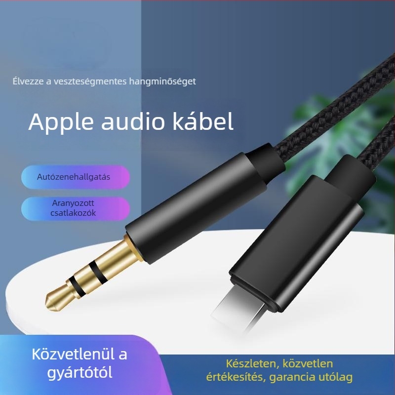 Autós Lightning–3,5 mm audiókábel iPhone 15-höz — aranyozott csatlakozók, nylon mag, réz vezető, Rohs tanúsítvány