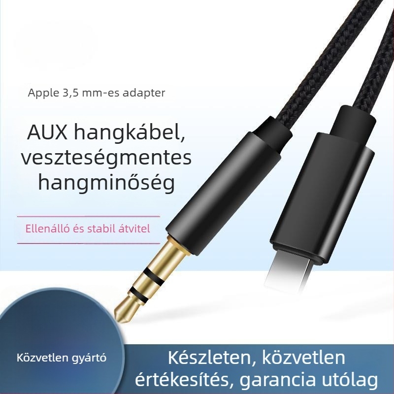 Autós Lightning–3,5 mm audiókábel iPhone 15-höz — aranyozott csatlakozók, nylon mag, réz vezető, Rohs tanúsítvány