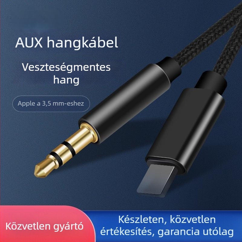Autós Lightning–3,5 mm audiókábel iPhone 15-höz — aranyozott csatlakozók, nylon mag, réz vezető, Rohs tanúsítvány