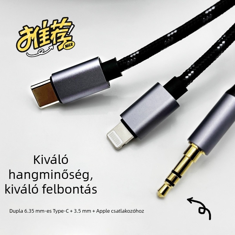 Két–hármas funkciójú audio kábel 6,35 mm-es férfi csatlakozóval, USB-C, 3,5 mm és Lightning