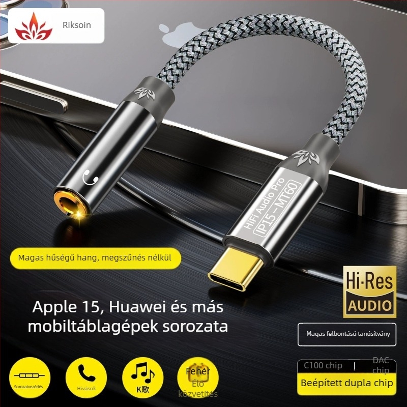 iPhone 15 headset adapter, kábeles USB-C a 3,5 mm-re, aranyozott rézmag és réz vezetők, ROHS