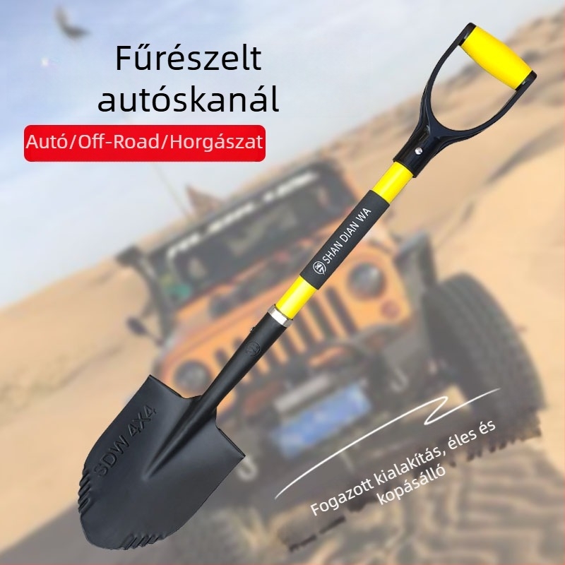 Járműre szerelhető kerti ásó terep használatra — összecsukható, mangán acél fej, rostból készült nyél, 1.16 kg