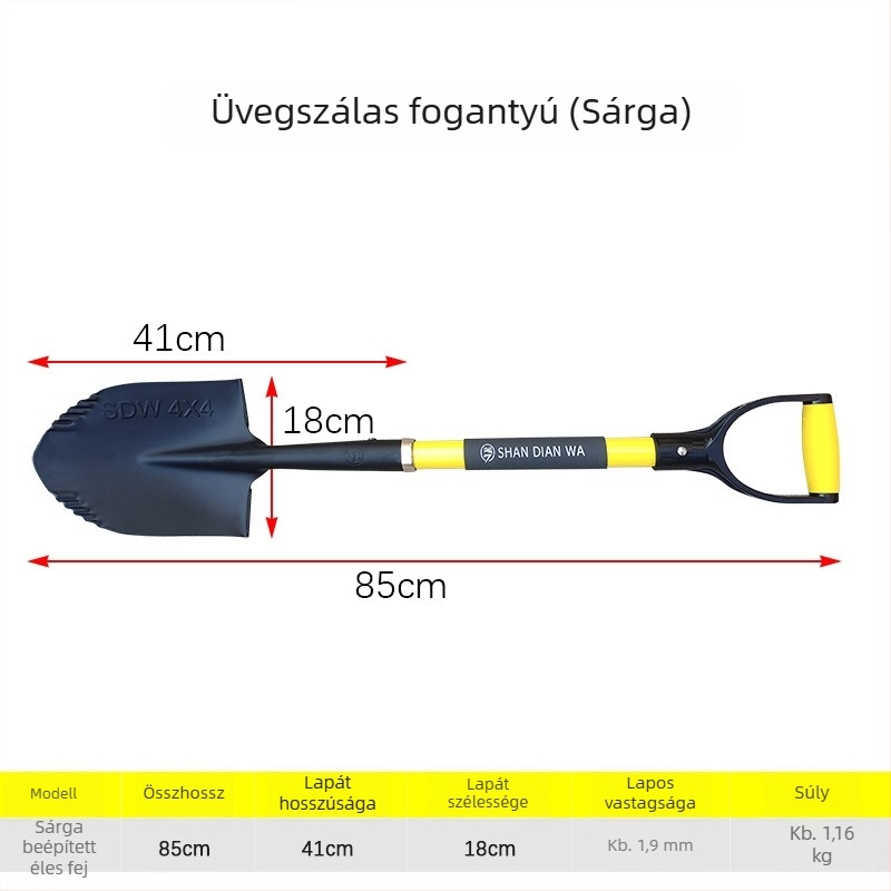 Járműre szerelhető kerti ásó terep használatra — összecsukható, mangán acél fej, rostból készült nyél, 1.16 kg
